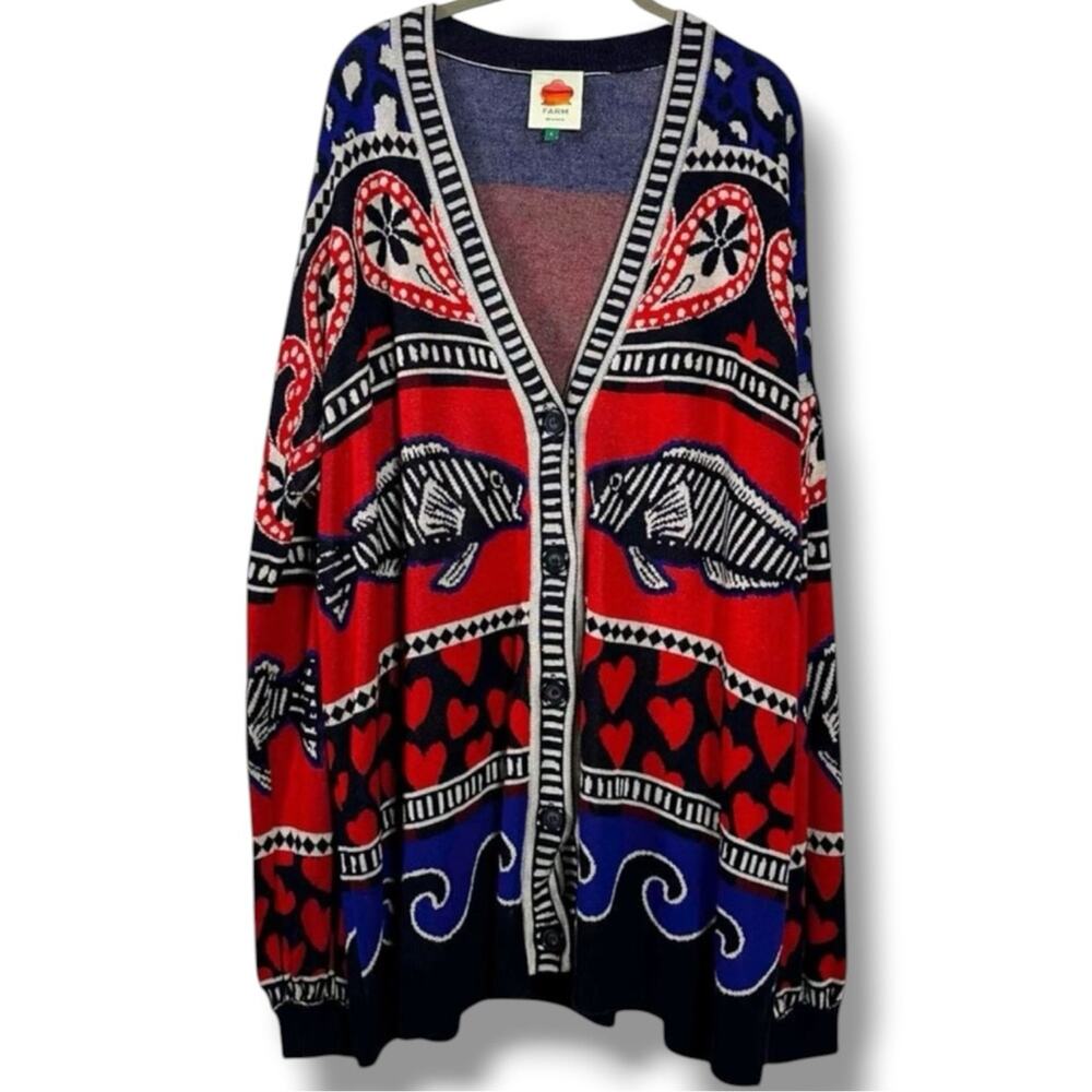 Farm Rio Art to Wear Fair Isle Knit Cardigan Sweater Hearts Fish Waves Small - Picture 4 of 14